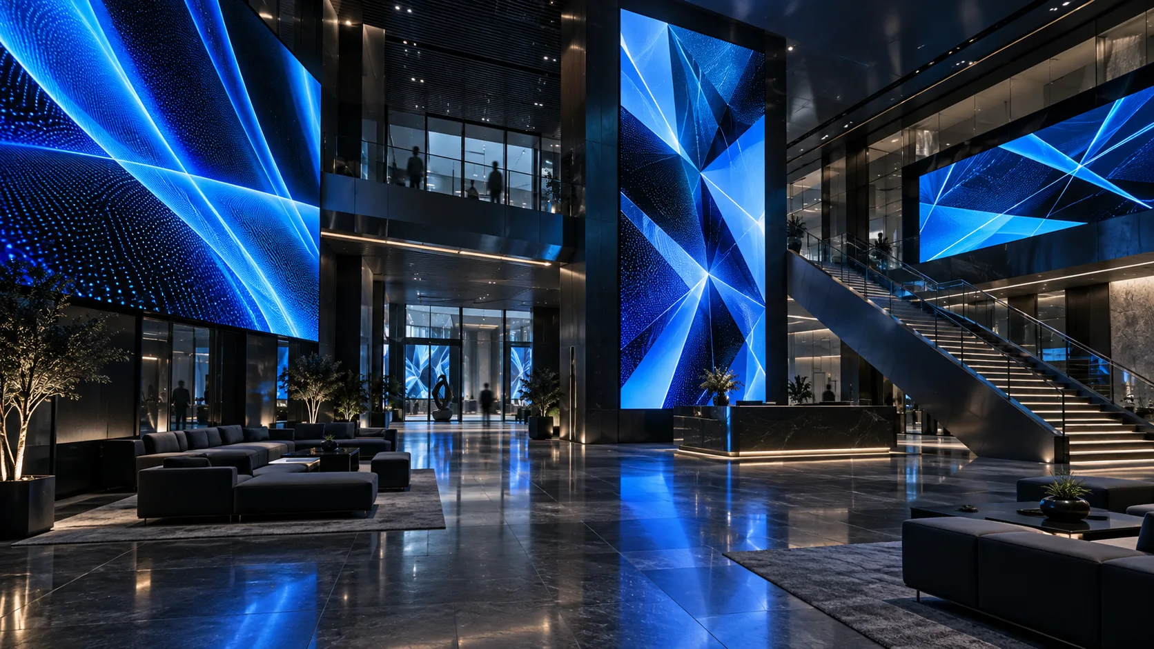 Commercial atrium with coordinated abstract LED displays