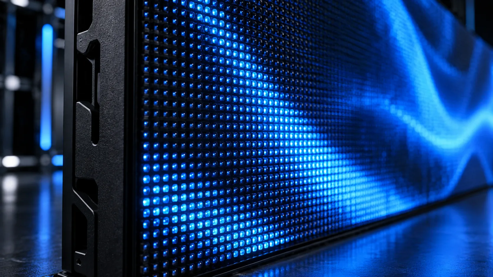 Close view of an LED module showing individual blue pixels