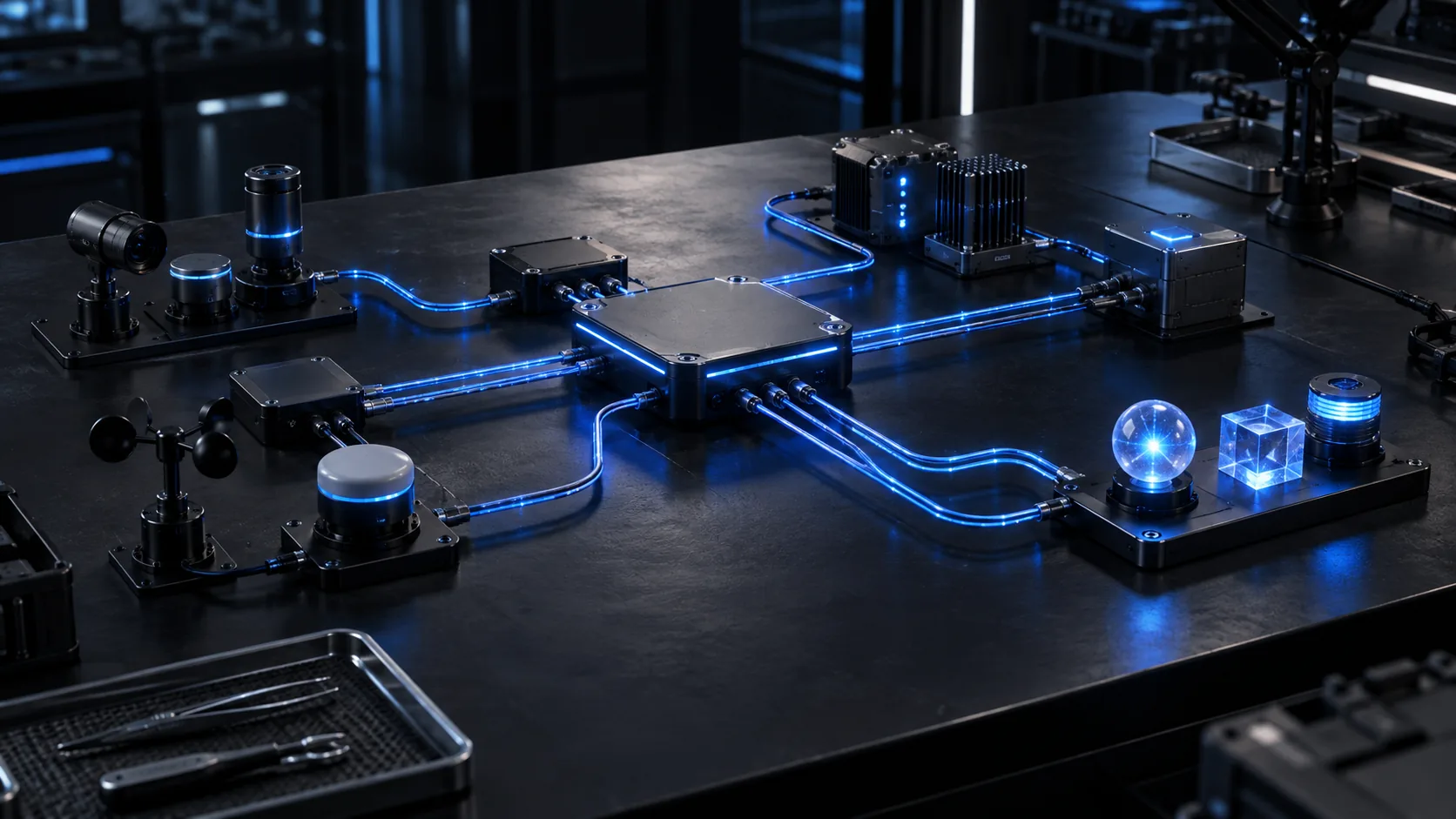 Sensors and control modules connected by blue signal paths