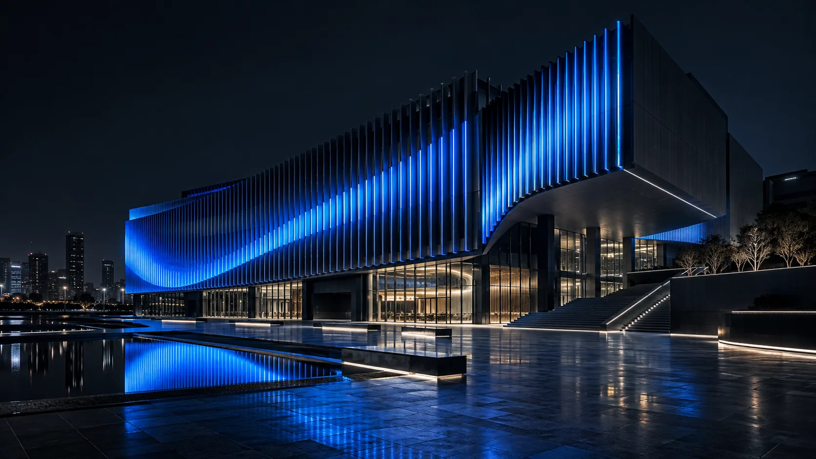 Architectural façade illuminated with controlled blue media lighting