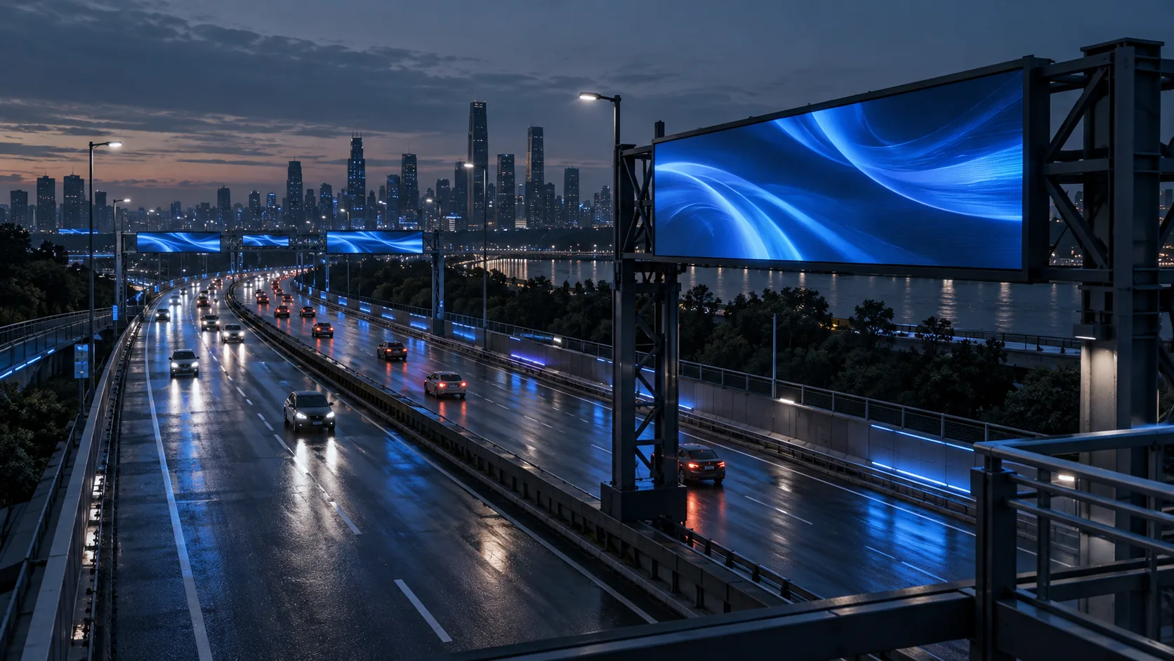 Roadside LED display network above an urban roadway at dusk