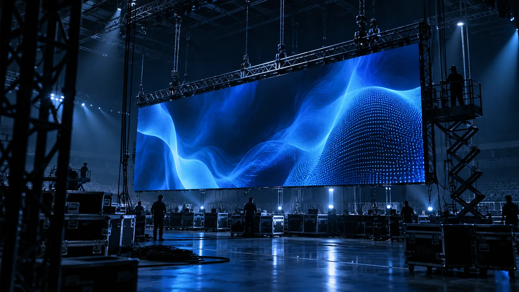 Event LED wall being rigged inside a dark venue