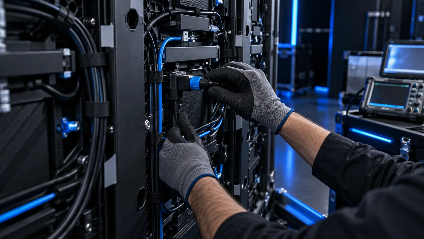 Technician hands configuring cables inside an LED display cabinet